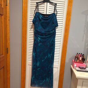 SHEIN Blue Maxi Gown with Cowl Neck and Spaghetti Straps
